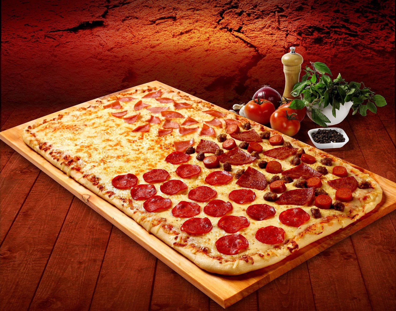 Party-Pizza Blech 40 × 60 cm mit verschiedenen Belägen